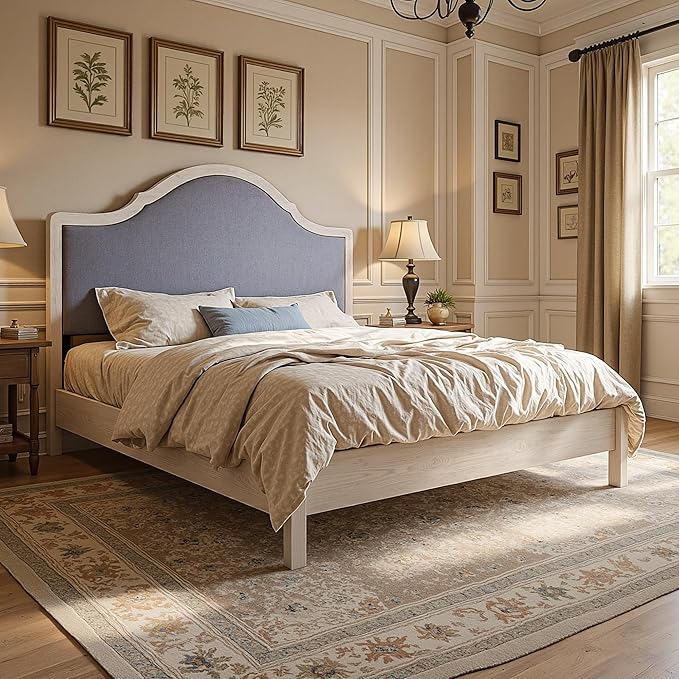 Jocisland Queen Size Bed Frame with Tall Upholstered Curved Headboard, Solid Wood Platform Bed, No Box Spring Needed, Wood Slat Support, Easy Assembly, White