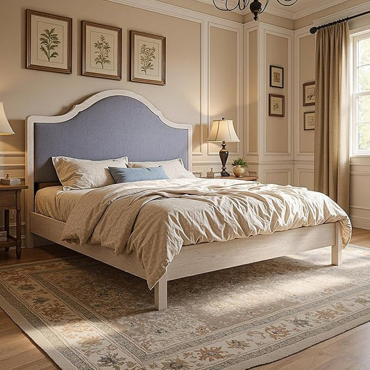 Jocisland Queen Size Bed Frame with Tall Upholstered Curved Headboard, Solid Wood Platform Bed, No Box Spring Needed, Wood Slat Support, Easy Assembly, White