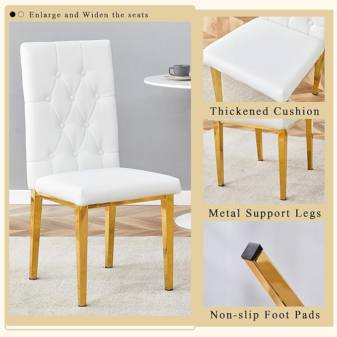 63" Modern Dining Table Set for 6, White Dining Room Set for 6, Tempered Glass Kitchen Table and PU Leather Chairs, Marble Pattern Top with Sturdy Gold Chrome Base