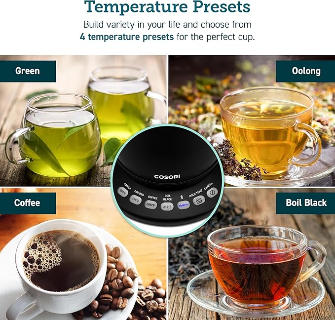 COSORI Electric Gooseneck Kettle Smart Bluetooth with Variable Temperature Control, Pour Over Coffee & Tea Maker, 100% Stainless Steel, Quick Heating, Matte Black