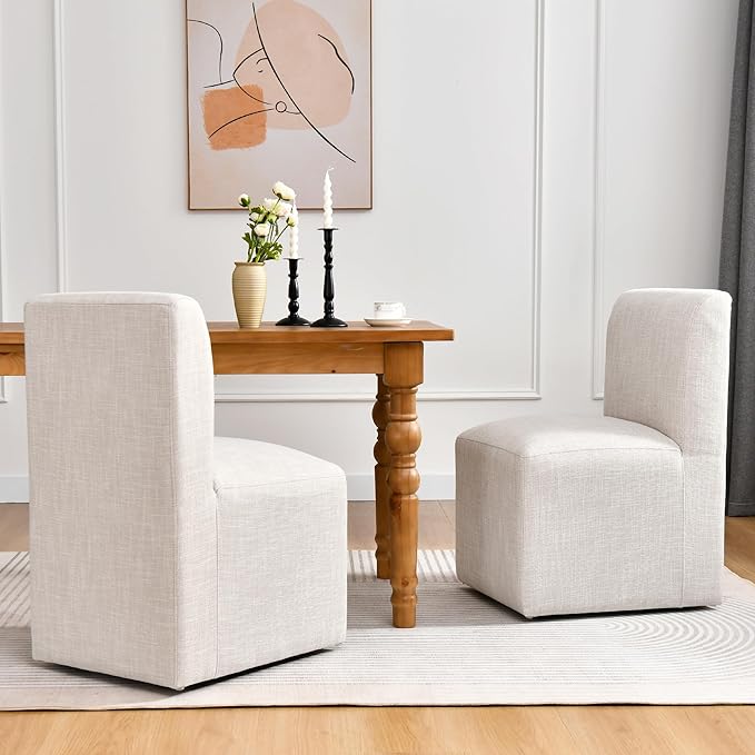 DUHOME Upholstered Dining Chair with Casters Set of 2,Armless Modern Rolling Linen Dining Chairs with Wheels for Dining Room Bedroom Reading Room Living Room