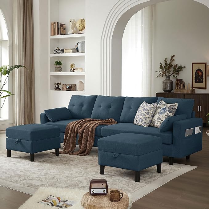 101" Convertible Sectional Sofa, Modern Linen Fabric U-Shaped Couch with 2 Storage Ottomans and Storage Pocket, 4 Seat Sofa Couches for Living Room, Apartment, Office, Blue