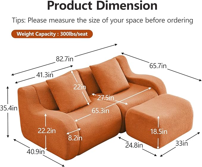Orange Modular Cloud Couch Loveseat with 1 Ottoman, Teddy Fabric Boneless Sectional Sofa in a Box, Comfortable Floor Sofa for Living Room, No Assembly Required, Sofas para Sala