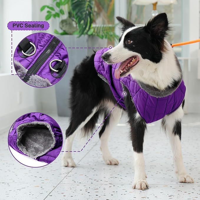 Warm Fleece Dog Coats with Durable Harness Buitl in D-Ring,Waterproof Doggie Jacket for Large Dogs,Dog Vest for Cold Winter,Purple XXXL