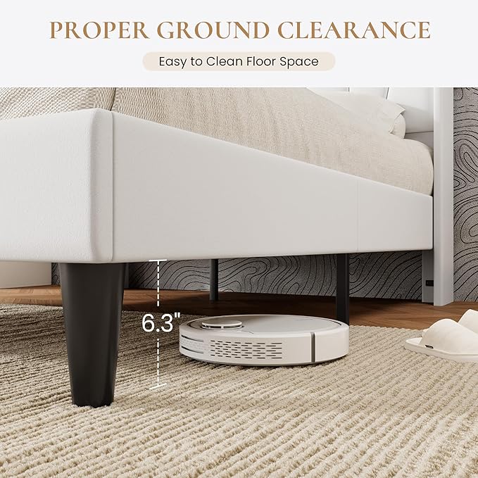 SHA CERLIN Queen Bed Frame with Charging Station and LED Lights, Modern Velvet Platform Bed with Upholstered Geometric Wingback Headboard, No Box Spring Needed, Easy Assembly, White