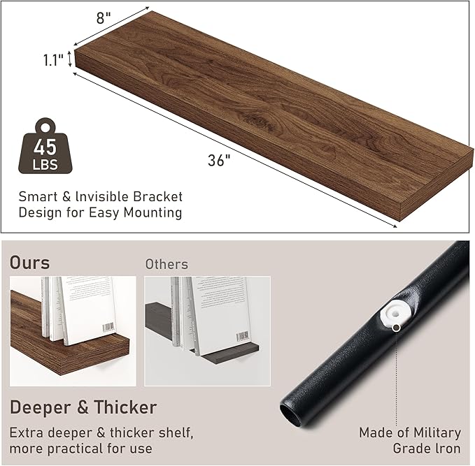 Fun Memories 36 Inch Floating Shelves, Wall Shelves Set of 2 for Bathroom/Living Room/Bedroom/Kitchen, Wall Mounted Floating Shelf for Home Decor with Invisible Brackets, Walnut