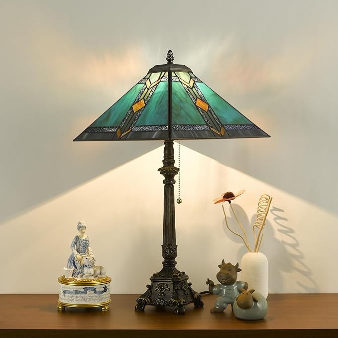 Tiffany Table Lamps Blue Stained Glass Striped Checkered Style Mission Desk Lamp 12X12X24 Inch Bronze Resin Base