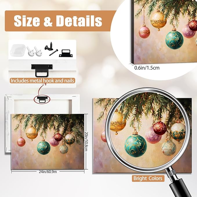 Vintage Holly Garland Christmas Canvas Wall Art - Rustic Christmas Wall Decor Framed Canvas Prints for Living Room & Office, Timeless Christmas Gifts & Winter Wall Decor