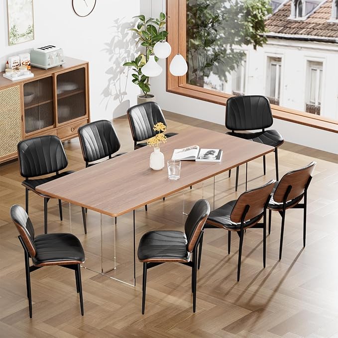 Dining Chairs Set of 8, Dining Room and Kitchen Chairs, FSC Certified Mid Century Modern Accent Chair, Upholstered PU Leather Chairs for Vanity with Walnut Bentwood and Metal Legs, Black