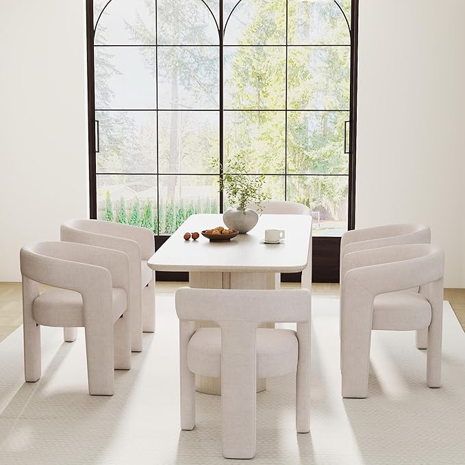 Modern Barrel Dining Chairs Set of 6, Linen Upholstered Accent Chairs with Arms Comfy Makeup Vanity Chairs, Dining Living Room Kitchen Chairs, Beige