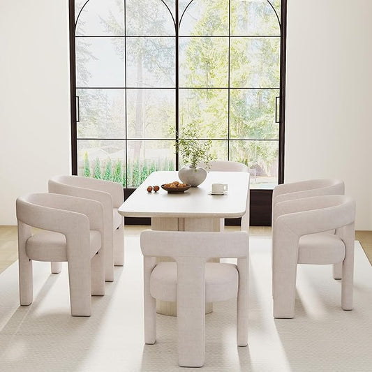 Modern Barrel Dining Chairs Set of 6, Linen Upholstered Accent Chairs with Arms Comfy Makeup Vanity Chairs, Dining Living Room Kitchen Chairs, Beige