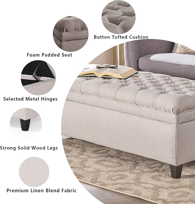Setawix Linen Storage Benches for Bedroom,50" Bed End Bench with Storage,Tufted Light Grey Storage Ottoman Bench for Living Room,Rectangle Entryway Benches with Storage and Seating (Light Grey, Linen)