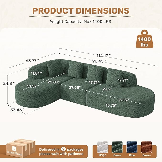 114 Inch Boneless Couches for Living Room,Modern Modular Sectional Sofa with Chaise,L-Shape Cloud Sectional Couch,No Assembly Required,Green