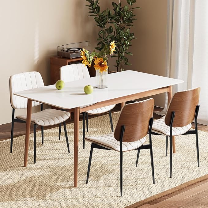 Modern Green Leather Dining Chair Set of 2, Bentwood Backrest & Black Metal Frame Ergonomic Comfort, Sustainable Style, Multi-Space Versatile, Beige