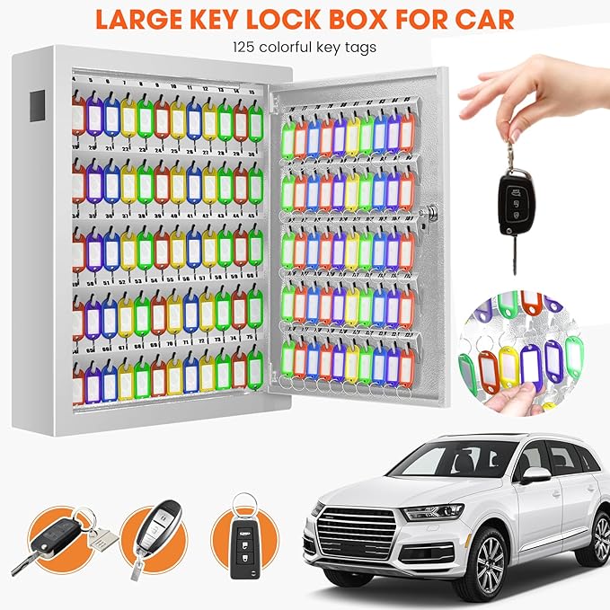 125 Key Lock Box Wall Mount with Anti-Theft Deposit Key Slot, White Key Cabinet with Key Hooks & 125 Tags Key Labels, Key Safe for Hotels & Office & Companies & Car Dealerships