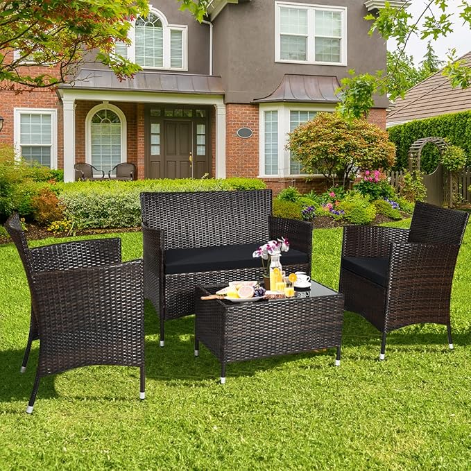Tangkula 4 Pieces Patio Rattan Conversation Set, Outdoor Wicker Furniture with Tempered Glass Coffee Table & Thick Cushion, Rattan Chair Wicker Set for Garden, Lawn, Poolside and Backyard (1, Black)