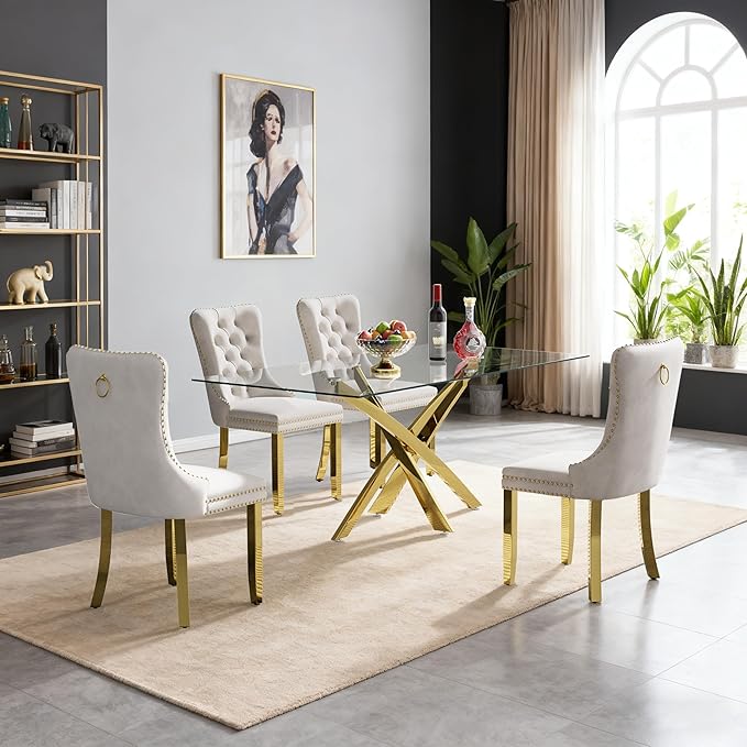 Goujxcy 51" Glass Dining Table Set for 4, Modern Kitchen Table and Chairs Set w/Steel Legs, 5-Piece Dining Table Set w/Glass Gold Dining Table and 4 Beige Velvet Chairs for Kitchen Dining Room