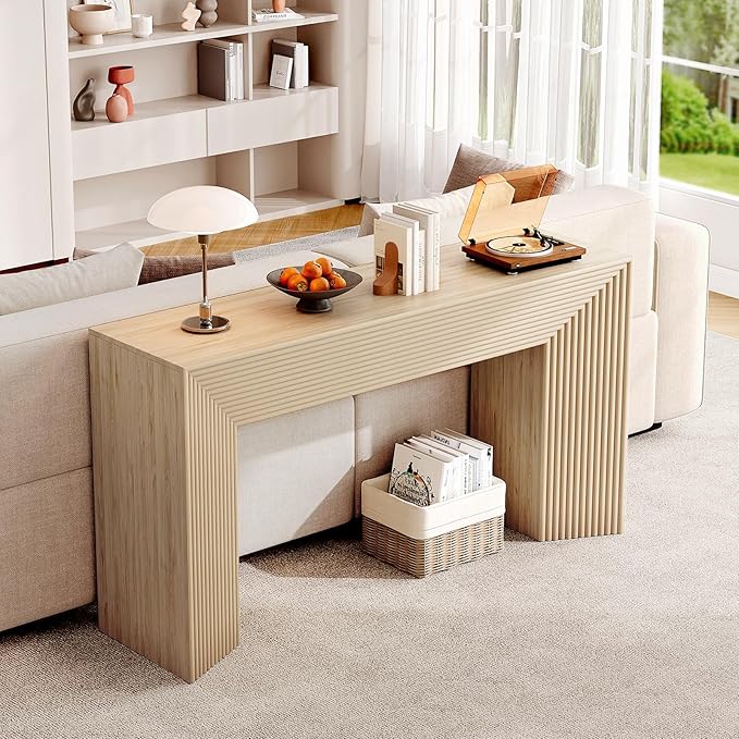 55-Inch Wood Entryway Table with Storage, Narrow Long Sofa Table Behind Couch, Fluted Console Table for Entryway, Hallway, Living Room, Accent Table for Decoration and Organization, Natural Wood