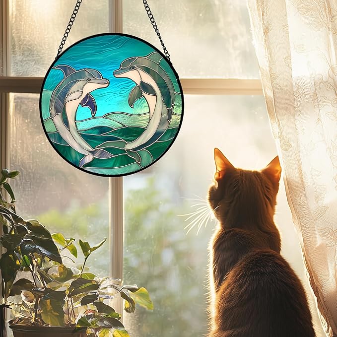 Stained Glass Window Hanging 4 Pcs Set Cyan Ocean Life Theme 9.8" - Sea Starfish Suncatcher Door Garden Sun Catcher Decor Birthday for Mom Woman Nana Men Friend