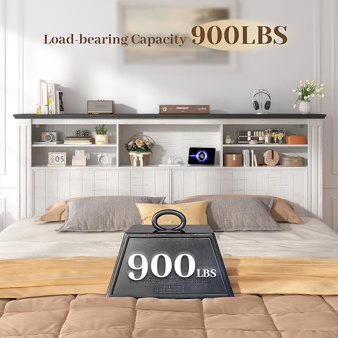 EnHomee King Bed Frame and Headboard, King Size Bed Frame with 4 Storage Drawers, King Bed with LED Lights & Charging Ports,No Box Spring Needed,NO Noise,Wooden, White