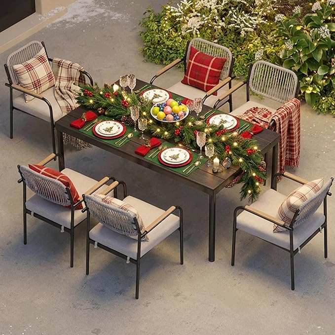 Outdoor Dining Chairs Set of 6, Wicker Patio Dining Chairs with Removable Cushions, Rectangle Patio Table Chair, All Weather Outdoor Chairs, Metal Lawn Chair for Adults/Indoor/Deck, Beige