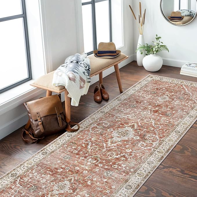 Deerly Rug Runner - Boho 3x8 Washable Kitchen Rug Runner with Non-Slip Backing, Non-Shedding Floral Soft Runners for Hallways Distressed Carpet Runner Rugs for Bedroom Brick Red
