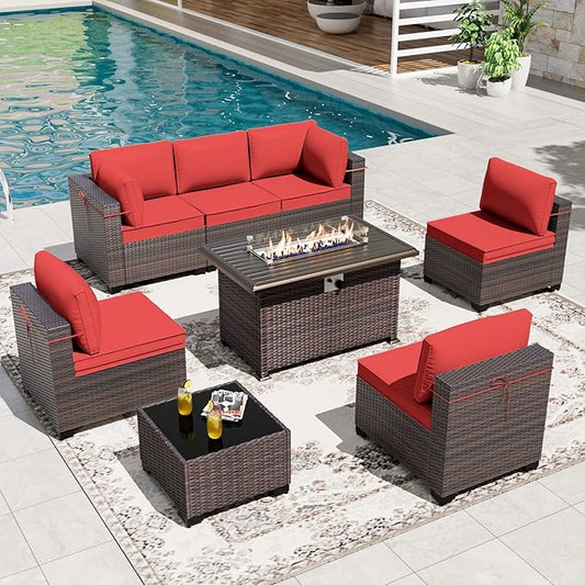 Gotland 8 Pieces Patio Furniture Set with Fire Pit Table, All Weather Rattan Outdoor Furniture with 29.5'' High Backrest 4’’ Thick Cushions Coffee Table, Outdoor Sectional for Porch, Deck, Red