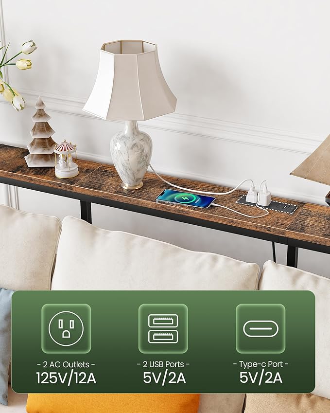 78.7" Console Table with Charging Station, Narrow Long Behind Couch Table, with 2 AC Outlets, 1 USB-A Port and 1 Type-C Port Rustic Brown and Black TXG30UBF