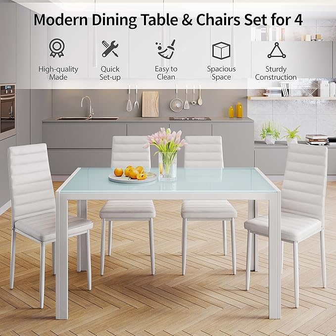 Gizoon 5 Piece Glass Dining Table Set, Kitchen and Chairs for 4, PU Leather Modern Room Sets for Home, Kitchen, Living Room