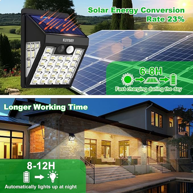 Solar Lights Outdoor, 72 LED Motion Sensor Wall Light, IP65 Waterproof and 3 Lighting Modes, Solar Powered Security Wireless Light Outside for Patio, Garden, Fence, Porch, Front Door (4 Packs)
