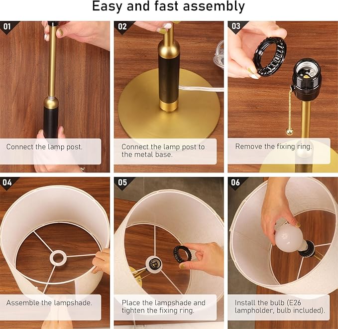 18.9" Set of 2 Small Vintage Table Lamp Bedside Lamps for Bedroom Nightstand Lamp for Living Room 3-Color Temperatures Pull Chain Wood Fabric for Home Office Dorm Decor (Light Brown+Brass)