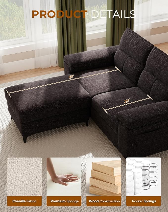 71.25" L Shaped Sectional Couches for Living Room, Deep Seat Sofa with Storage Ottoman & 8”Cushion, Comfy 2-Seater Chenille Loveseat, Convertible Armrest, Removable Cover for Small Space(Dark Gray)