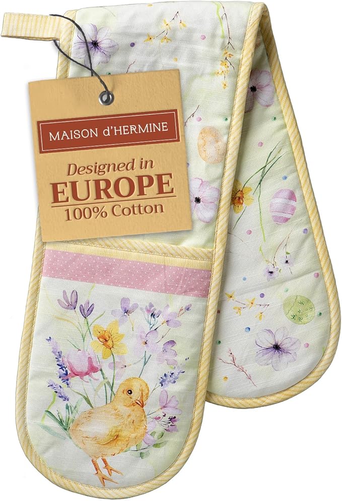 Maison d' Hermine Double Oven Mitts 100% Cotton 7"x35" Double Oven Mitt Heat Resistant BBQ Cooking Gloves with Loop, Baking, Grilling, Home, Kitchen, Handling Hot Pans Spring Summer (Easter Zest)