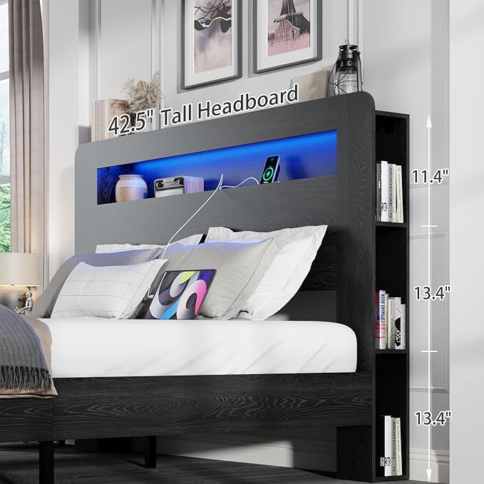 Full Size Wooden Bed Frame with Bookcace Storage Headboard, Rustic Farmhouse Bedframe with LED Lights and Charging Station, Sturdy and Stable, Slat Support, No Box Spring Required (Black, Full)