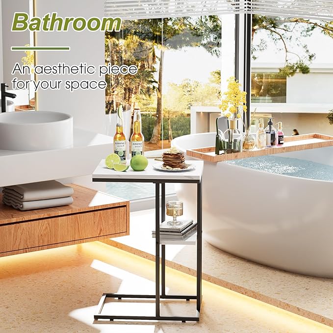 C Shaped End Side Table, Couch Sofa Table for Small Space, Black Snack Table with Metal Frame, TV Tray Table for Bed, Living Room, Bedroom, Bedside(White Marble)