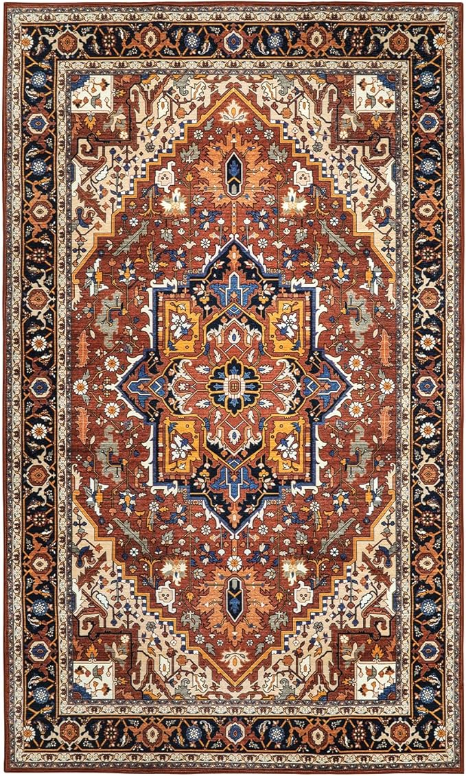 Moynesa Ultra-Thin Washable Oriental Area Rug - 3x5 Non-Slip Laundry Room Rug, Non-Shedding Stain Resistance Low Pile Kitchen Mat Indoor Throw Carpet for Fall Decor Bathroom, Brown/Multi