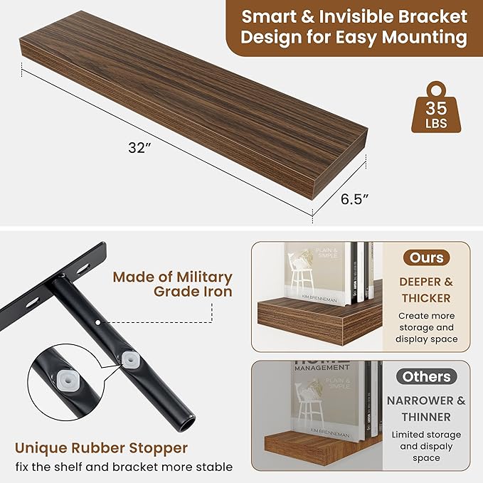 fuqing Floating Shelves for Wall, Wall Mounted Wood Floating Shelf with Invisible Brackets for Living Room, Bathroom, Bedroom, Kitchen Storage and Decor, 32 Inch Set of 2, Walnut