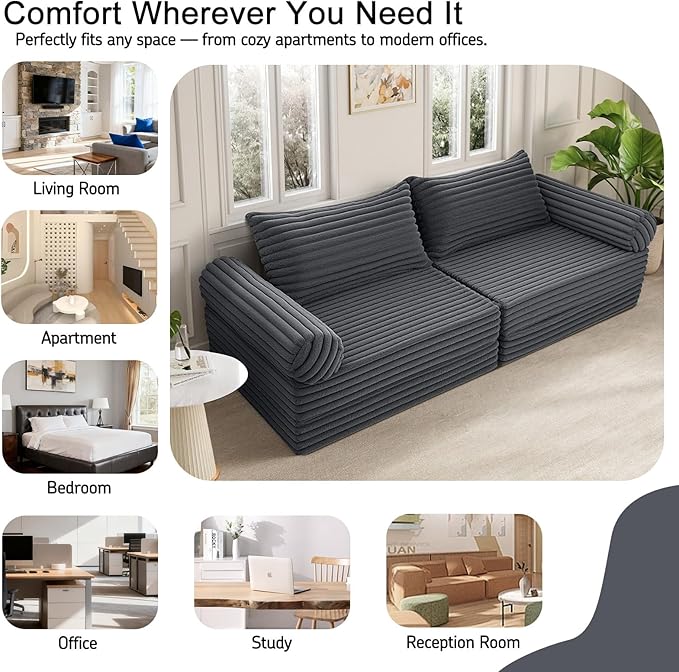 MeMoreCool Convertible Sofa Bed, Folding Floor Couch Bed Queen, Pull Out Sleeper Couch with Pillows, Fold Out Futon Sofa for Bedroom Living Room Small Space, Corduroy Grey