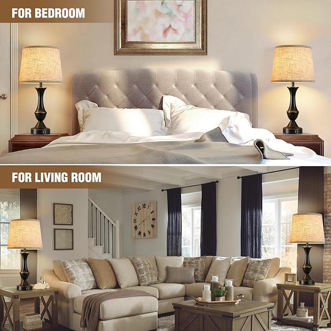 Luvkczc Upgraded Touch Table Lamps Set of 2, 22" Tall Bedside Lamps with USB C+A Ports, Dimmable Nightstand Lamps for Bedroom, Living Room, Office, Black Lamp with Beige Lampshade, Bulb Included