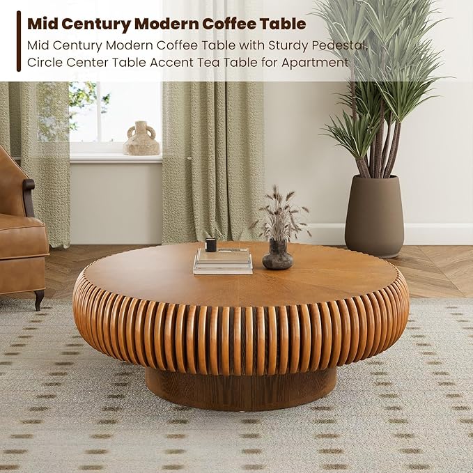 Round Drum Coffee Table for Living Room, Mid Century Modern Coffee Table with Sturdy Pedestal, Farmhouse Fluted Circle Center Table Accent Tea Table for Apartment (Large Brown)
