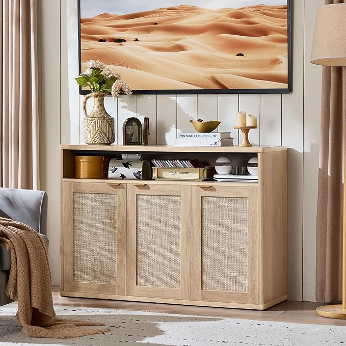 LEYAOYAO Rattan Sideboard Buffet Cabinet,45" Coffee Bar Cabinet with 3 Doors & Open Storage Shelf,Modern Credenza Console Table for Living Room Rattan Farmhouse entryway Natural