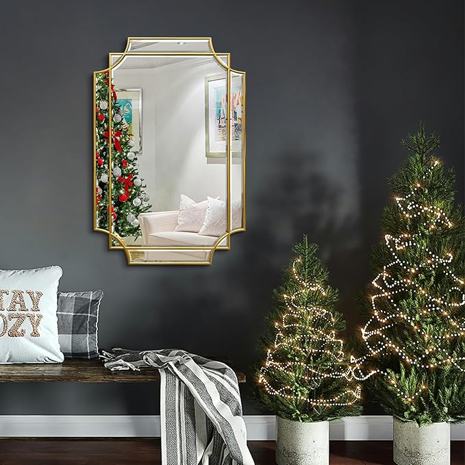 Gold Beveled Mirror, 20"x30" Bathroom Vanity Mirrors for Over Sink, Modern Rectangle Mirror with Wood Frame, Elegant Decorative Mirrors for Living Room Bedroom Fireplace Entryway Hallway