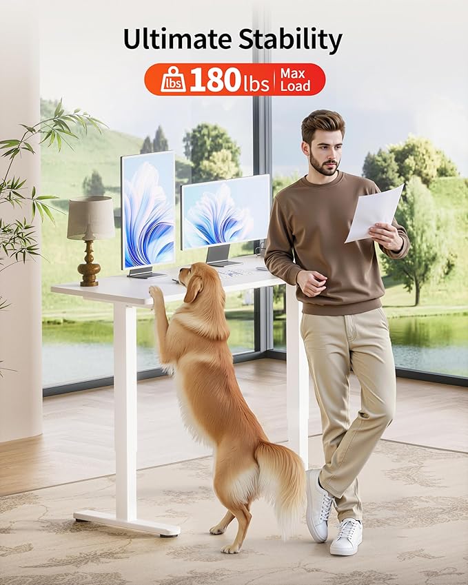 Okin Standing Desk Electric Adjustable Computer Whole Piece Stand up Desk Office Gaming Home Office Memory Desks 48x24 inches White