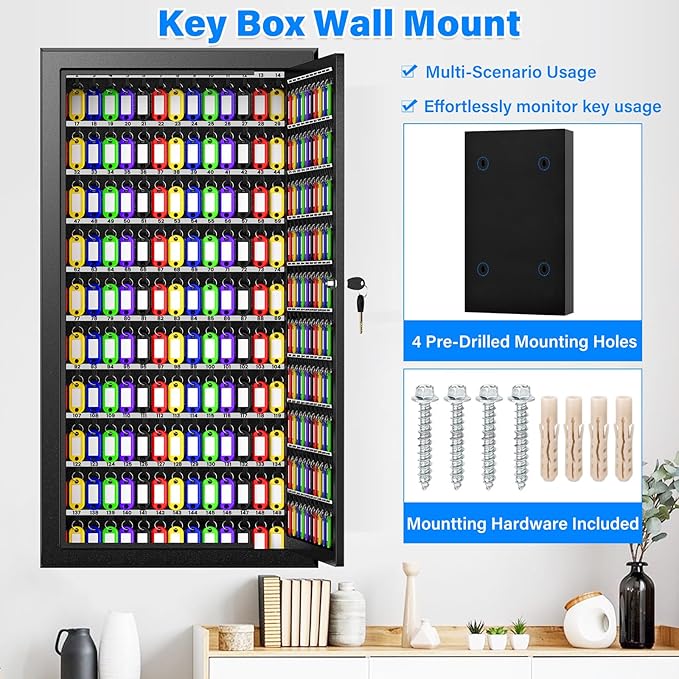 250 Keys Key Lock Box Wall Mount with Additional 24 Side Hooks and Key Tags, Anti-Theft Key Box Key Cabinet with Side Drop Slot, Key Organizer Key Safe for Home Office Garage Rental Business