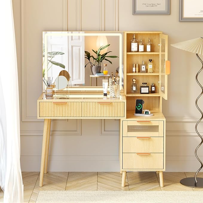 Fluted Makeup Vanity Desk with Mirror and Lights, 5 Drawers Glass Top Makeup Vanity with 4 Storage and 9-Grid Organizer, 3 Color Ribbed Glass Dressing Table with Charging Station, Light Oak