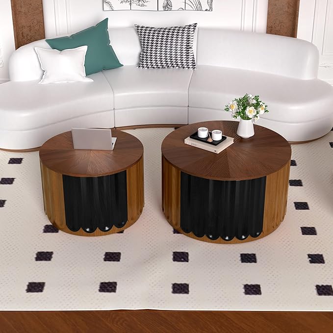 Round Nesting Coffee Table Set of 2, Round Fluted Coffee Tables with Storage for Living Room Modern Nesting End Side Tables for Small Spaces (A Storage Light Brown)
