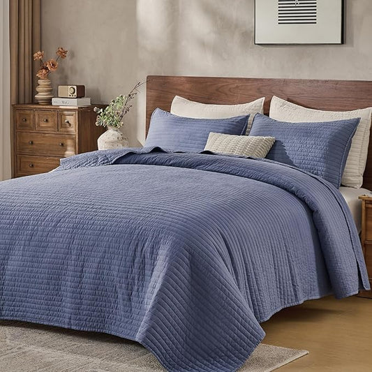 DOWN HOME King Quilt Bedding Set with Shams, Vintage Washed Soft Quilted Blanket Thin Comforter Lightweight Bedspread Coverlet Bed Cover, Brushed Microfiber Stripe Stitching, Vintage Denim, 104"x90"
