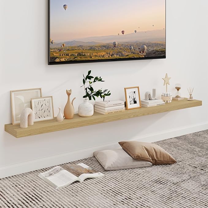 Fun Memories 66 Inch Fireplace Mantel - Long Floating Shelf, Wall Mounted Farmhouse Display with Invisible Heavy Duty Metal Bracket, Oak, 2 Pack