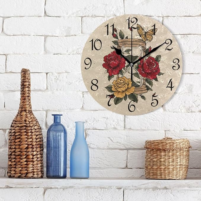 Wall Clock Vintage Hourglass Silent Non-Ticking Decorative Round Wall Clocks Battery Operated for Office Home Living Room Kitchen Bedroom 10 Inch