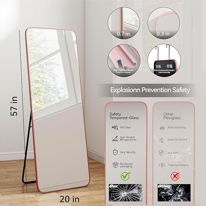 57x20 Door Hanging Full Length Mirror, Floor Stand (Height 5.7ft just Body in1.3ft) Wall Mounted Metal Frame Rectangle Dressing Mirrors for Bedroom Room 57 inch Pink Rose Gold